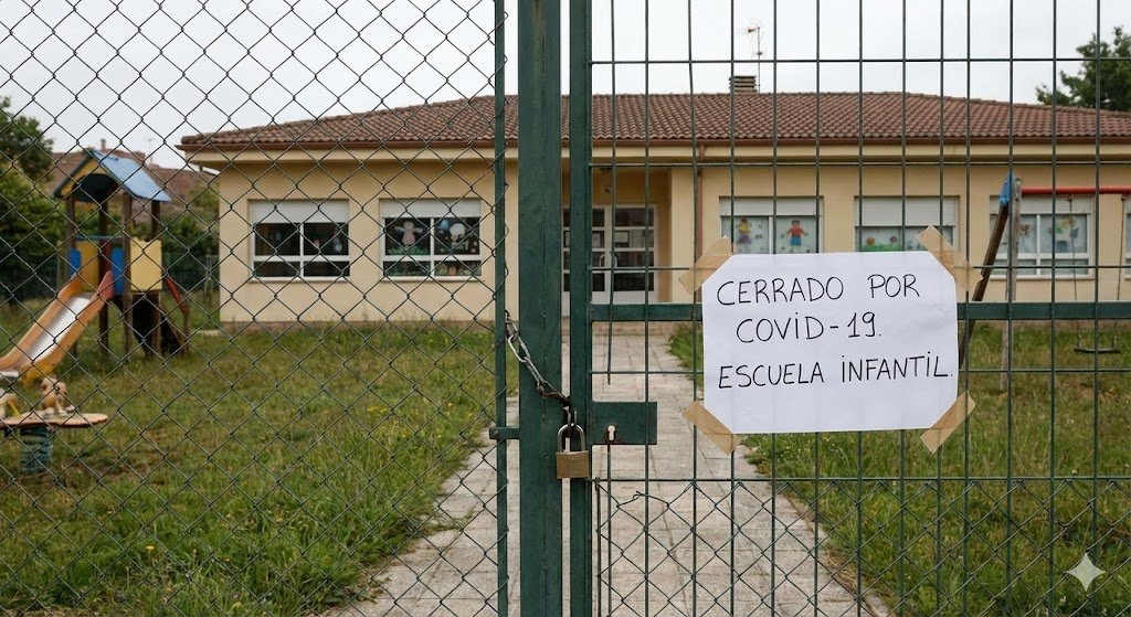 origen-historia-ximena-fukuda-cierre-negocio-fisico-pandemia-2020 Ilustración conceptual de un centro de eventos infantiles clausurado con cintas de precaución durante la pandemia, simbolizando la quiebra técnica de la empresa física de Ximena Fukuda en 2020 antes de descubrir el marketing de afiliados.