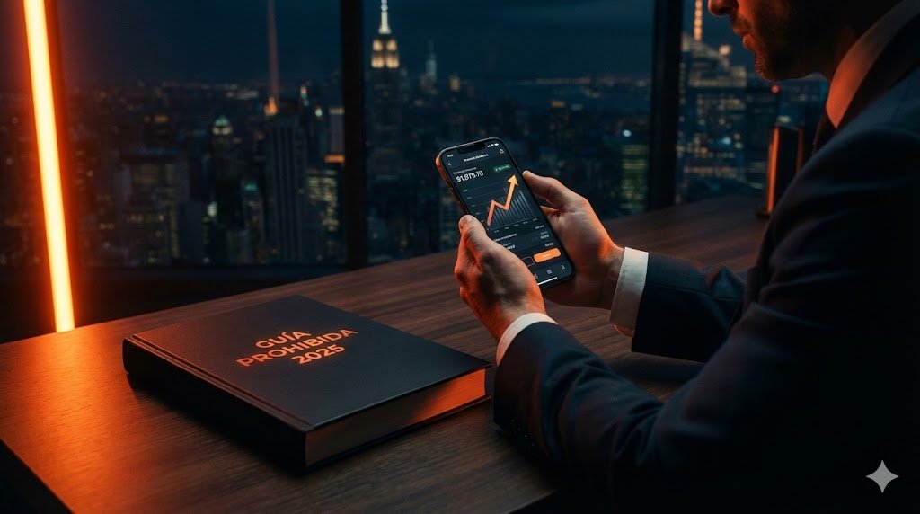 Portada de la guía prohibida para ganar dinero en Instagram en 2025, mostrando a un emprendedor analizando ingresos en un entorno de lujo y seriedad