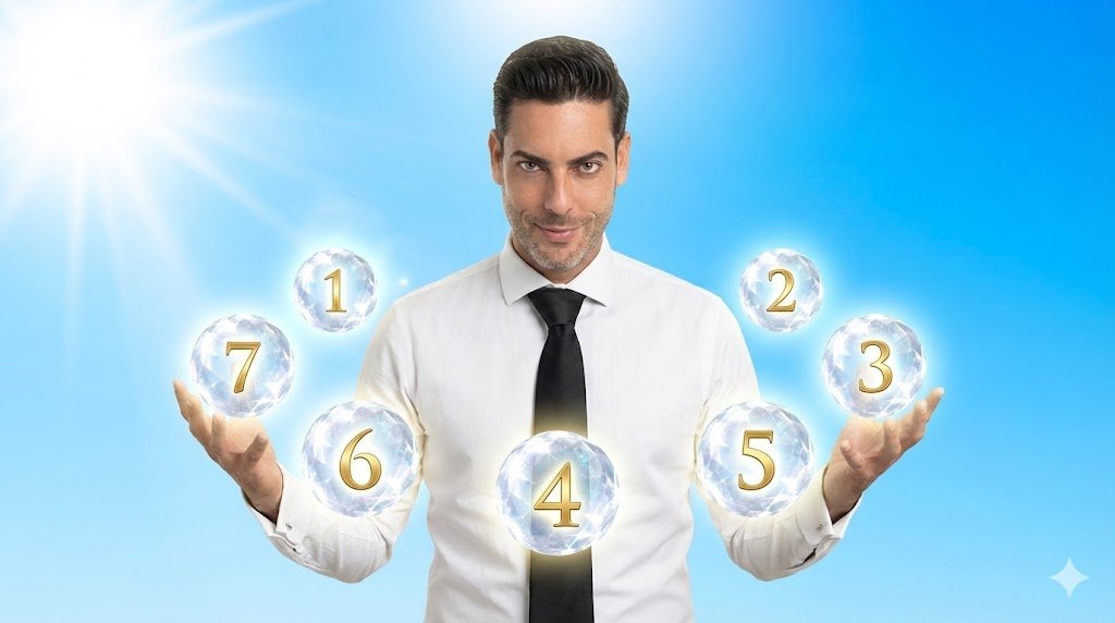 Pedro Castre sonriendo con complicidad bajo un sol radiante, manipulando en el aire 7 esferas numeradas que forman un círculo perfecto, representando los 7 pilares maestros del sistema de inversión y la magia del interés compuesto para alcanzar la libertad financiera