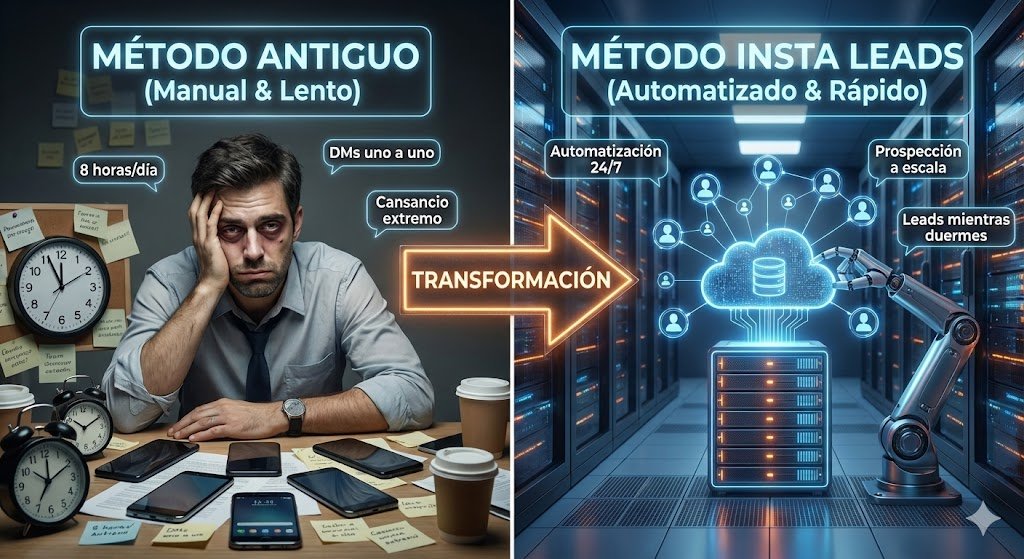 comparativa-prospeccion-manual-vs-automatizacion-insta-leads-conseguir-clientes Composición fotográfica hiperrealista de pantalla dividida: A la izquierda, un emprendedor estresado y agotado por la prospección manual en Instagram sin resultados. A la derecha, representación futurista y limpia del software Insta Leads trabajando en la nube, simbolizando la automatización eficiente para conseguir leads de calidad sin esfuerzo manual.