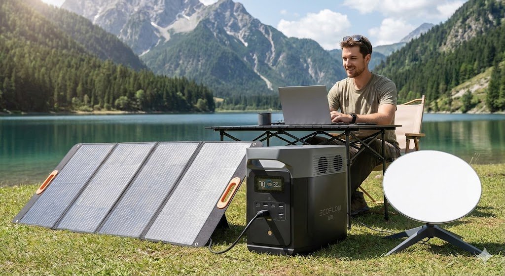 generador-solar-portatil-high-ticket-afiliados-2025 Fotografía de estilo de vida que muestra a un hombre trabajando remotamente con un portátil en un entorno natural de montaña. Su equipo está alimentado por un gran generador solar portátil moderno y paneles solares desplegables, ilustrando el nicho de afiliados de alto valor (High-Ticket) de energías renovables y autosuficiencia en 2025.