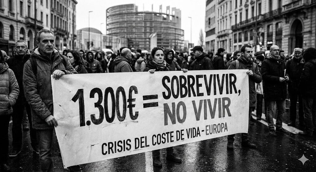 Fotoperiodismo en blanco y negro de una multitudinaria protesta en una ciudad europea por la crisis del coste de la vida. En primer plano, manifestantes sostienen una gran pancarta que reza "1.300€ = SOBREVIVIR, NO VIVIR - CRISIS DEL COSTE DE VIDA - EUROPA", con un edificio gubernamental al fondo.
