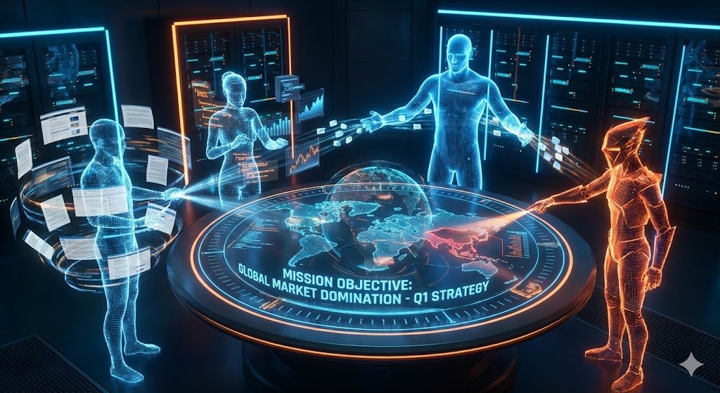 Visualización futurista de un Sistema Multi-Agente (MAS) en una 'sala de guerra' digital. Cuatro Agentes de IA especializados con roles distintos colaboran e intercambian datos sobre una mesa holográfica central que muestra el objetivo de negocio 'GLOBAL MARKET DOMINATION - Q1 STRATEGY', ilustrando la automatización de estrategias empresariales complejas mediante equipos de IA.