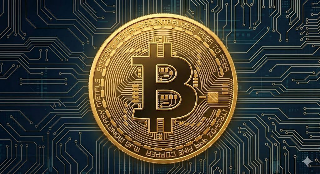 Primer plano detallado de una moneda física de Bitcoin (BTC) dorada, con el símbolo 'B' integrado en patrones de circuitos. El borde grabado reza 'DIGITAL DECENTRALIZED PEER TO PEER'. La criptomoneda destaca sobre un fondo oscuro de tecnología blockchain y trazas de circuitos electrónicos brillantes, simbolizando la inversión financiera y la innovación digital.