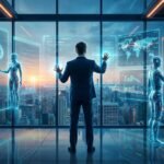 Visualización futurista del futuro del trabajo, donde un ejecutivo en un centro de mando de alta tecnología orquesta un ecosistema de Agentes de IA holográficos y autónomos. Los agentes gestionan simultáneamente desarrollo de código, logística global y finanzas con gráficos ascendentes, representando el éxito en la automatización de negocios mediante inteligencia artificial.