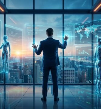 Visualización futurista del futuro del trabajo, donde un ejecutivo en un centro de mando de alta tecnología orquesta un ecosistema de Agentes de IA holográficos y autónomos. Los agentes gestionan simultáneamente desarrollo de código, logística global y finanzas con gráficos ascendentes, representando el éxito en la automatización de negocios mediante inteligencia artificial.