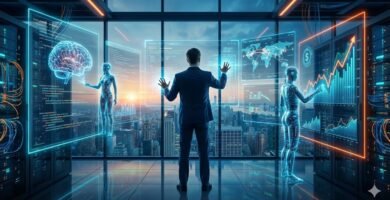 Visualización futurista del futuro del trabajo, donde un ejecutivo en un centro de mando de alta tecnología orquesta un ecosistema de Agentes de IA holográficos y autónomos. Los agentes gestionan simultáneamente desarrollo de código, logística global y finanzas con gráficos ascendentes, representando el éxito en la automatización de negocios mediante inteligencia artificial.