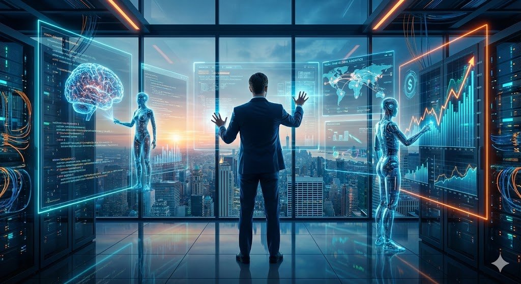 Visualización futurista del futuro del trabajo, donde un ejecutivo en un centro de mando de alta tecnología orquesta un ecosistema de Agentes de IA holográficos y autónomos. Los agentes gestionan simultáneamente desarrollo de código, logística global y finanzas con gráficos ascendentes, representando el éxito en la automatización de negocios mediante inteligencia artificial.