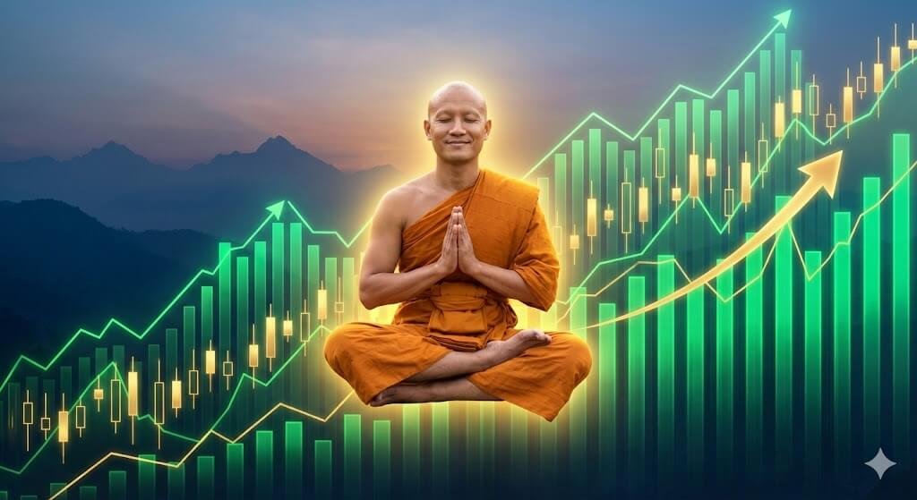 Monje budista con túnica naranja levitando en meditación profunda con una sonrisa serena, sobre un fondo de gráficos financieros y velas japonesas de color verde que muestran una fuerte tendencia alcista y crecimiento de beneficios, con montañas al atardecer.