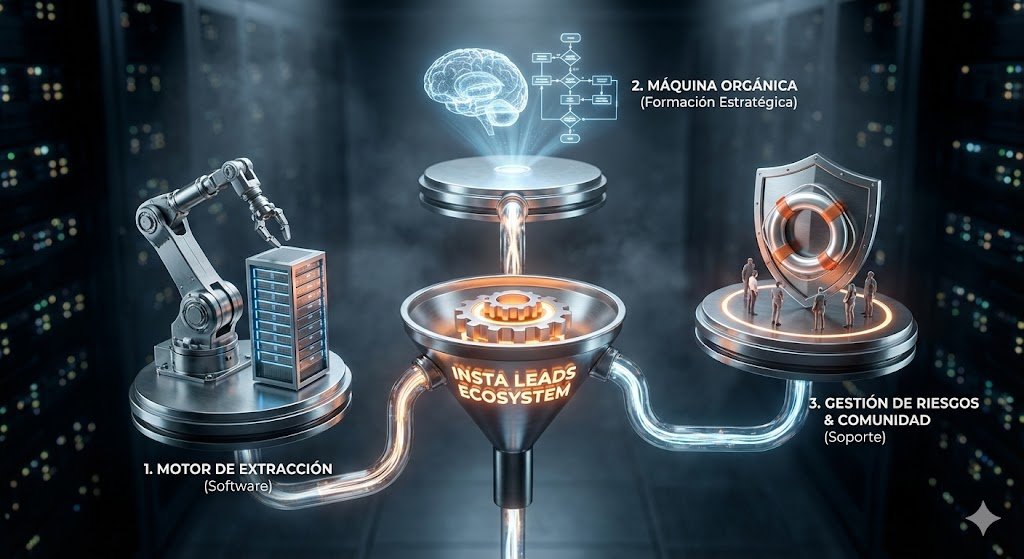 ecosistema-insta-leads-software-y-curso Esquema hiperrealista del ecosistema Insta Leads: Software de automatización, curso La Máquina Orgánica y soporte de comunidad anti-bloqueos.