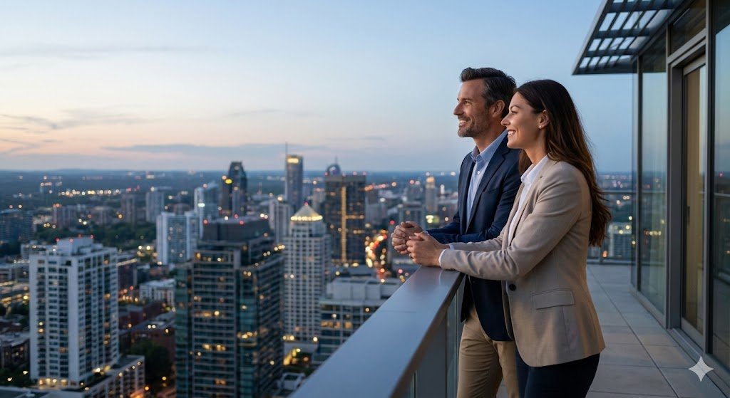 pareja-exito-libertad-financiera-marketing-afiliados Fotografía de estilo de vida de una pareja de profesionales exitosos y sonrientes mirando el horizonte de la ciudad al atardecer desde una terraza de lujo. Representa la consecución de la libertad financiera y el estilo de vida deseado a través de proyectos online de marketing de afiliados rentables en 2025, sin necesidad de estar pegado a la tecnología constantemente.