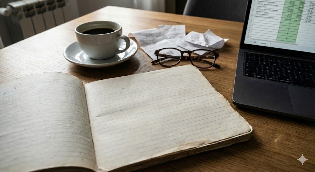 libreta-libertad-financiera-cafe-ordenador Libreta de libertad financiera, café, gafas y portátil con hojas de cálculo de gastos.