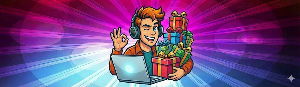Ilustración vibrante de un emprendedor digital guiñando un ojo y haciendo el signo de OK con la mano, validando una oferta. Sostiene una gran pila de cajas de regalo coloridas que metafóricamente representan los bonos de alto valor, extras y contenido gratuito incluidos al acceder al curso