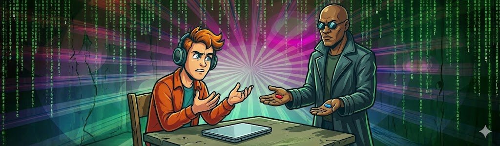 "Ilustración estilo cómic basada en la metáfora de The Matrix. El emprendedor digital, con expresión de duda intensa y estrés frente a su portátil cerrado, debe elegir ante Morfeo. La pastilla roja representa 'despertar', tomar acción e invertir en su formación de marketing de afiliados, mientras que la pastilla azul simboliza el miedo, quedarse en la zona de confort y la ignorancia dichosa. Es el momento crucial de la decisión de compra."