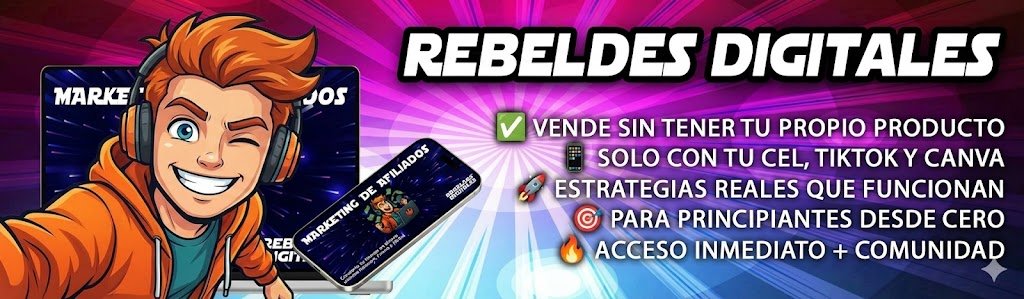 Banner publicitario de Rebeldes Digitales sobre Marketing de Afiliados. Ilustración 3D de un emprendedor guiñando un ojo y saliendo de la pantalla de un portátil, mostrando cómo vender sin producto propio usando solo el celular, TikTok y Canva. Estrategias reales para principiantes y acceso a comunidad