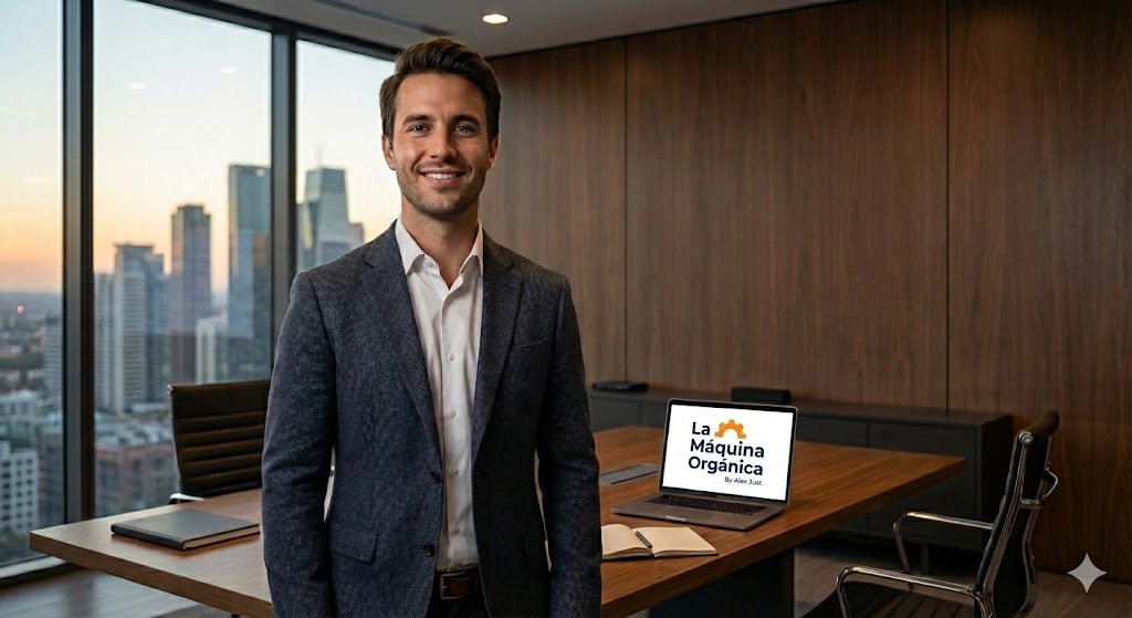 alex-just-creador-insta-leads-curso-maquina-organica Retrato hiperrealista de Alex Just, creador del curso Insta Leads, trabajando en su sistema de automatización de ventas con el logo oficial. Imagen de autoridad del experto en tráfico orgánico.