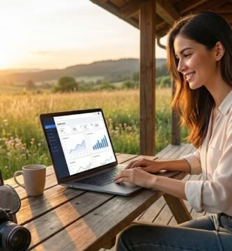 Fotografía de estilo de vida aspiracional que muestra a una emprendedora digital sonriente trabajando con su portátil desde el porche de una cabaña de madera frente a una pradera al atardecer. El portátil muestra gráficas de crecimiento y junto a ella hay un cuaderno de "2025 Projects" y una cámara, ilustrando la libertad de ubicación y el éxito financiero al elegir los mejores nichos de marketing de afiliados para vivir de internet.