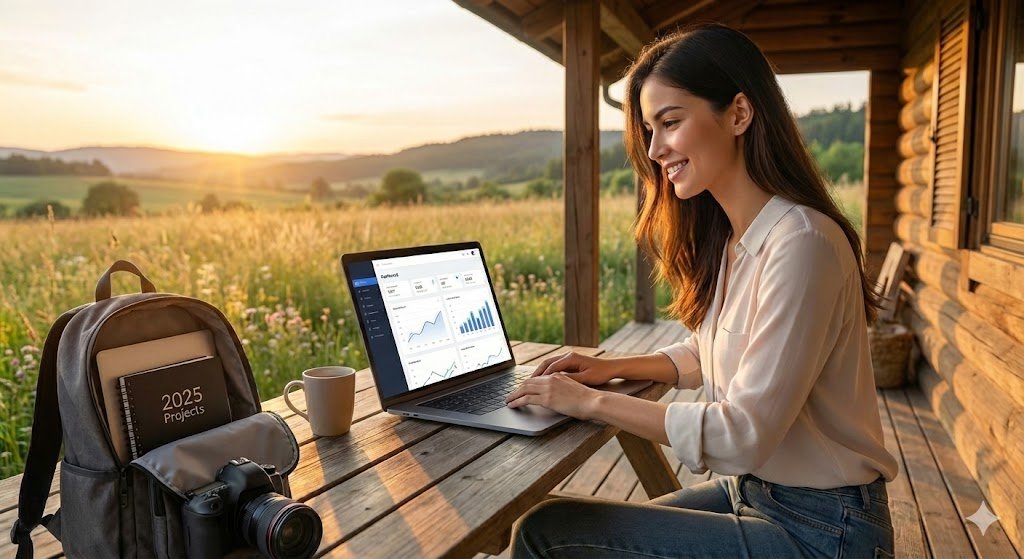 Fotografía de estilo de vida aspiracional que muestra a una emprendedora digital sonriente trabajando con su portátil desde el porche de una cabaña de madera frente a una pradera al atardecer. El portátil muestra gráficas de crecimiento y junto a ella hay un cuaderno de "2025 Projects" y una cámara, ilustrando la libertad de ubicación y el éxito financiero al elegir los mejores nichos de marketing de afiliados para vivir de internet.
