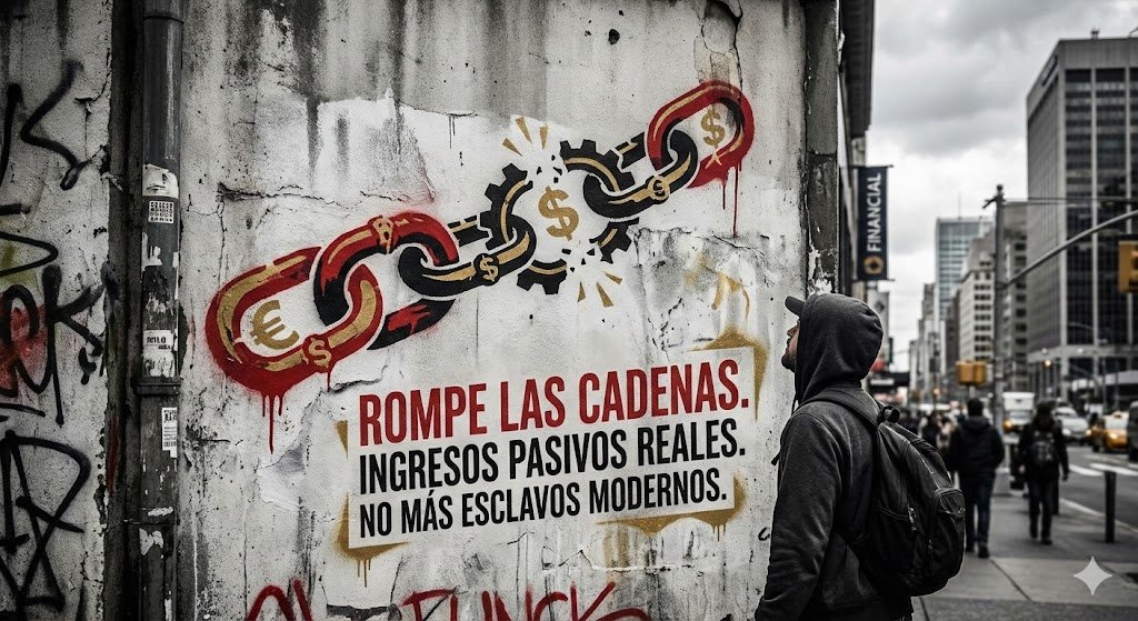 arte-urbano-ingresos-pasivos-romper-cadenas Mural de arte urbano sobre libertad financiera, rompiendo cadenas con símbolos de dinero e ingresos pasivos reales.