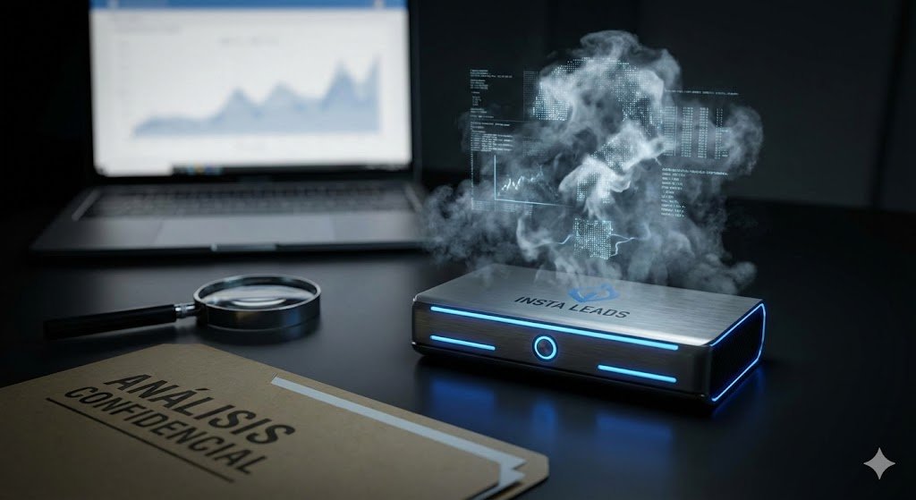 insta-leads-alex-just-analisis-review-portada Portada hiperrealista del análisis de Insta Leads: composición conceptual que enfrenta una robusta maquinaria de ventas automatizada contra una nube de humo digital, simbolizando la investigación sobre si el sistema de Alex Just es legítimo para conseguir leads de calidad o una estafa.
