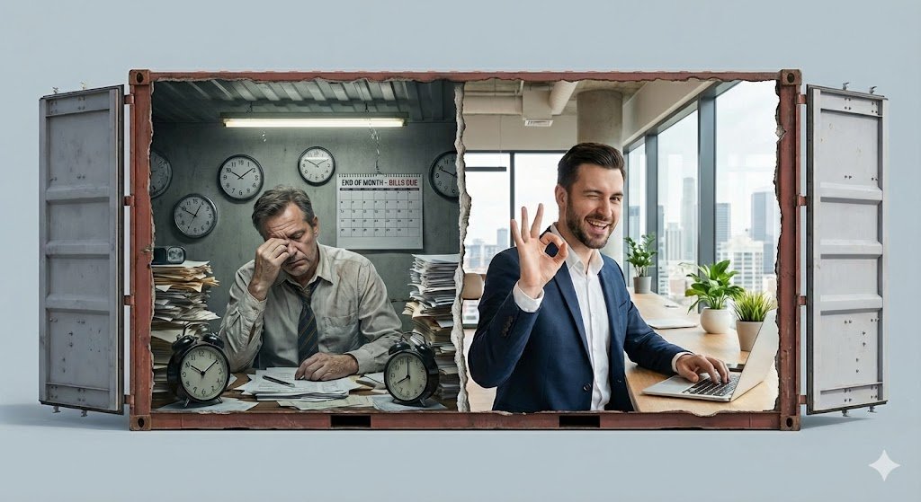 contraste-empleado-estresado-vs-emprendedor-libertad-financiera Comparativa visual dentro de un contenedor: a la izquierda un empleado tradicional estresado entre facturas y relojes, y a la derecha un emprendedor digital feliz disfrutando de libertad financiera en una oficina moderna.