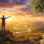 Representación conceptual de alcanzar la libertad financiera: hombre en la cima de una montaña al amanecer, con cadenas rotas, un cofre del tesoro rebosante de oro y un árbol de dinero.