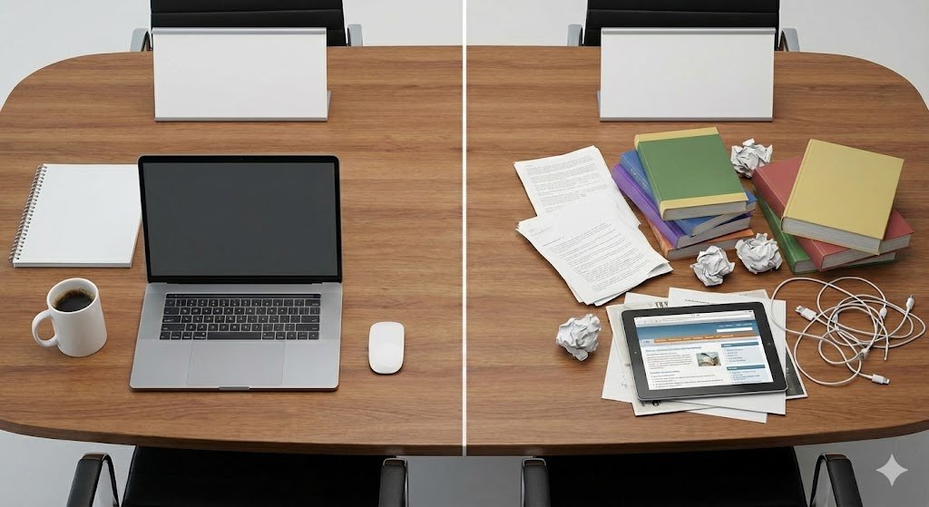 comparativa-escritorio-organizado-vs-desordenado "Vista cenital comparativa de un escritorio de madera dividido en dos: el lado izquierdo está perfectamente organizado con un portátil y café, mientras que el lado derecho está desordenado con libros apilados, papeles arrugados, una tablet y cables enredados, ilustrando el contraste entre orden y caos."