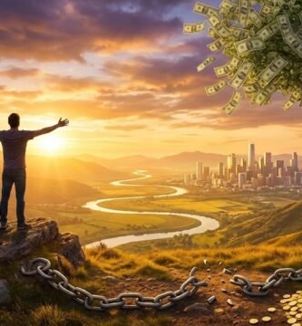 Representación conceptual de alcanzar la libertad financiera: hombre en la cima de una montaña al amanecer, con cadenas rotas, un cofre del tesoro rebosante de oro y un árbol de dinero.