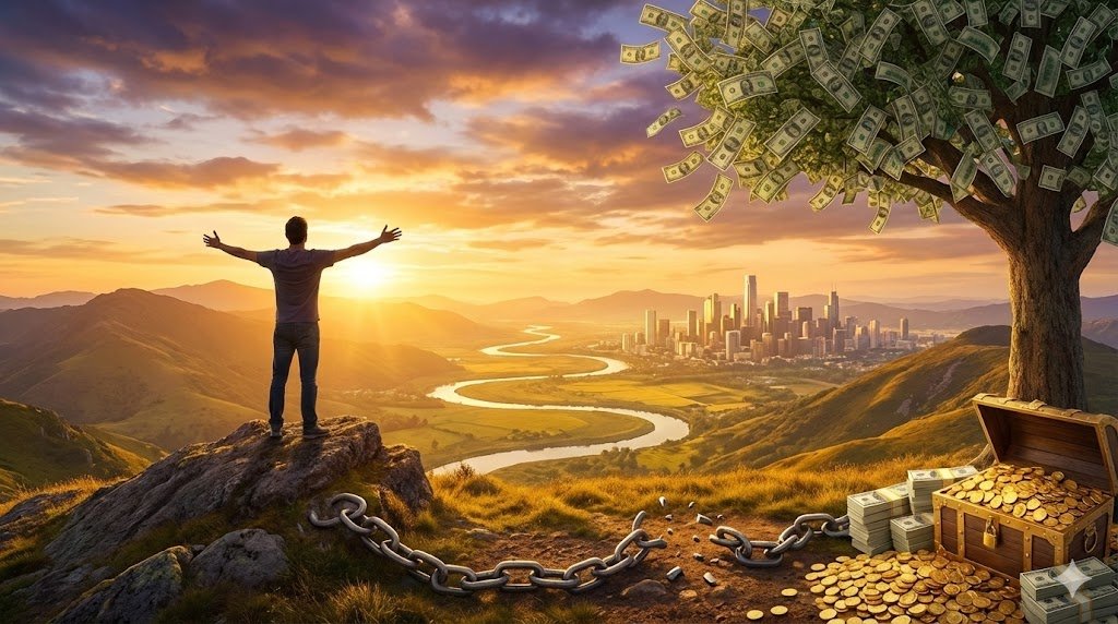 Representación conceptual de alcanzar la libertad financiera: hombre en la cima de una montaña al amanecer, con cadenas rotas, un cofre del tesoro rebosante de oro y un árbol de dinero.