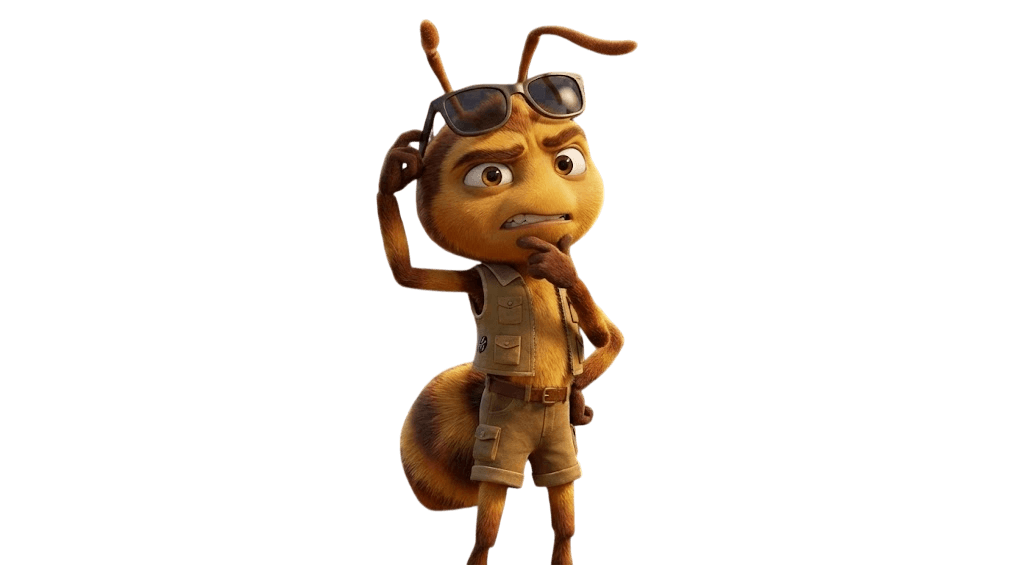 Personaje de animación 3D, la hormiga Z de la película Antz, con expresión de duda y pensando, rascándose la cabeza con una mano y la barbilla con la otra. Viste un chaleco de explorador beige, pantalones cortos y gafas de sol sobre la frente