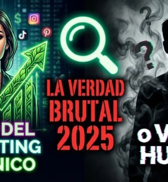 Ilustración de Ximena Fukuda a la izquierda con un fondo de redes sociales y un gráfico ascendente con hojas orgánicas, con el texto "GENIA DEL MARKETING ORGÁNICO". A la derecha, una silueta oscura entre humo y signos de interrogación con el texto "o VENDE HUMOS?". En el centro, una lupa gigante sobre el texto "LA VERDAD BRUTAL 2025". Representa la controversia y el análisis de su método de marketing.