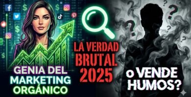 Ilustración de Ximena Fukuda a la izquierda con un fondo de redes sociales y un gráfico ascendente con hojas orgánicas, con el texto "GENIA DEL MARKETING ORGÁNICO". A la derecha, una silueta oscura entre humo y signos de interrogación con el texto "o VENDE HUMOS?". En el centro, una lupa gigante sobre el texto "LA VERDAD BRUTAL 2025". Representa la controversia y el análisis de su método de marketing.