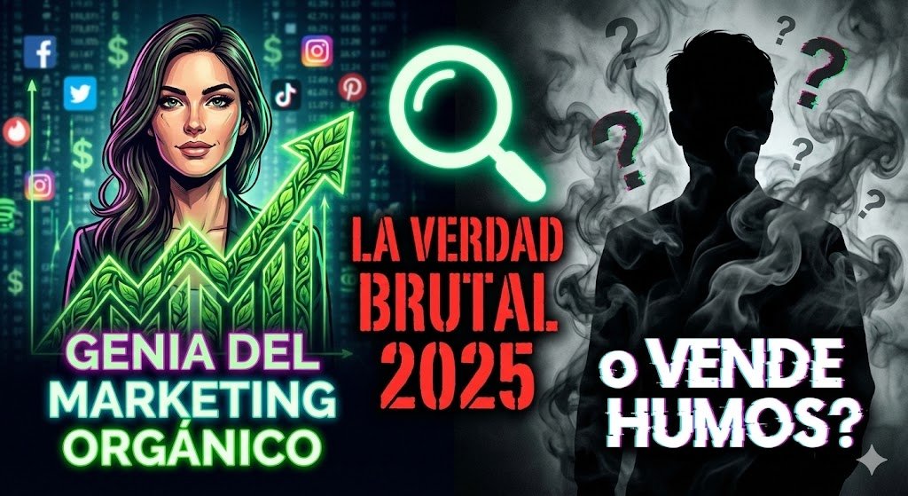 Ilustración de Ximena Fukuda a la izquierda con un fondo de redes sociales y un gráfico ascendente con hojas orgánicas, con el texto "GENIA DEL MARKETING ORGÁNICO". A la derecha, una silueta oscura entre humo y signos de interrogación con el texto "o VENDE HUMOS?". En el centro, una lupa gigante sobre el texto "LA VERDAD BRUTAL 2025". Representa la controversia y el análisis de su método de marketing.