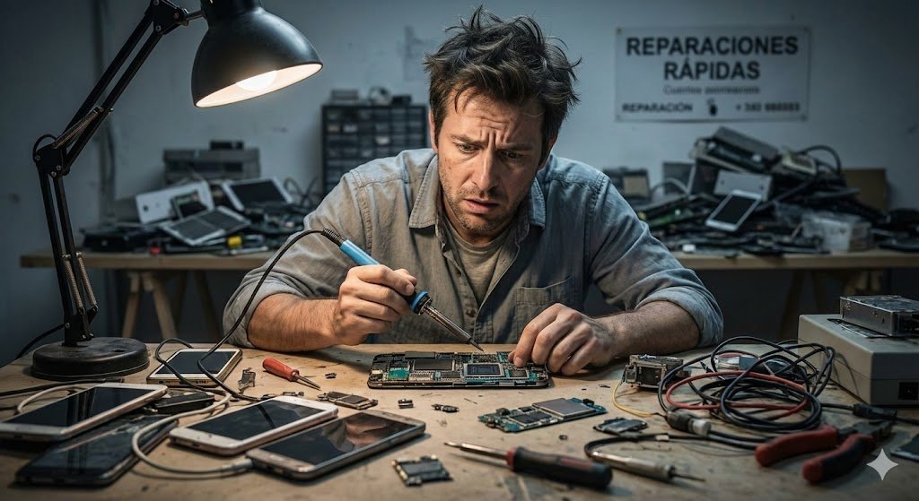 Fotografía hiperrealista de un técnico de móviles frustrado rodeado de piezas en un taller desorganizado, incapaz de reparar una placa base compleja, ilustrando la necesidad de formación avanzada