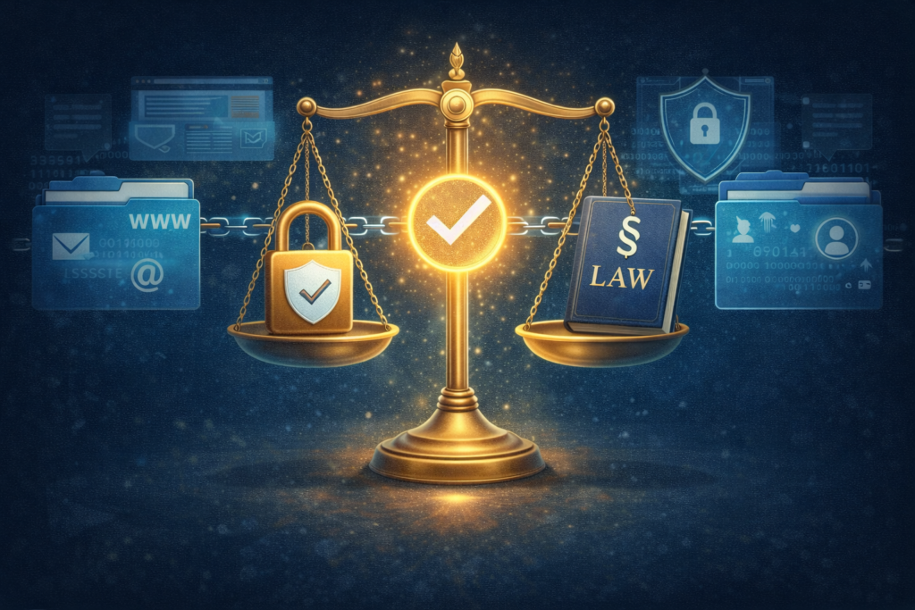 Ilustración metafórica que representa el marco ético y legal en entornos digitales, simbolizando el cumplimiento normativo, la protección de datos personales, la privacidad del usuario y el equilibrio entre legalidad, transparencia y confianza en sitios web y marketing online.