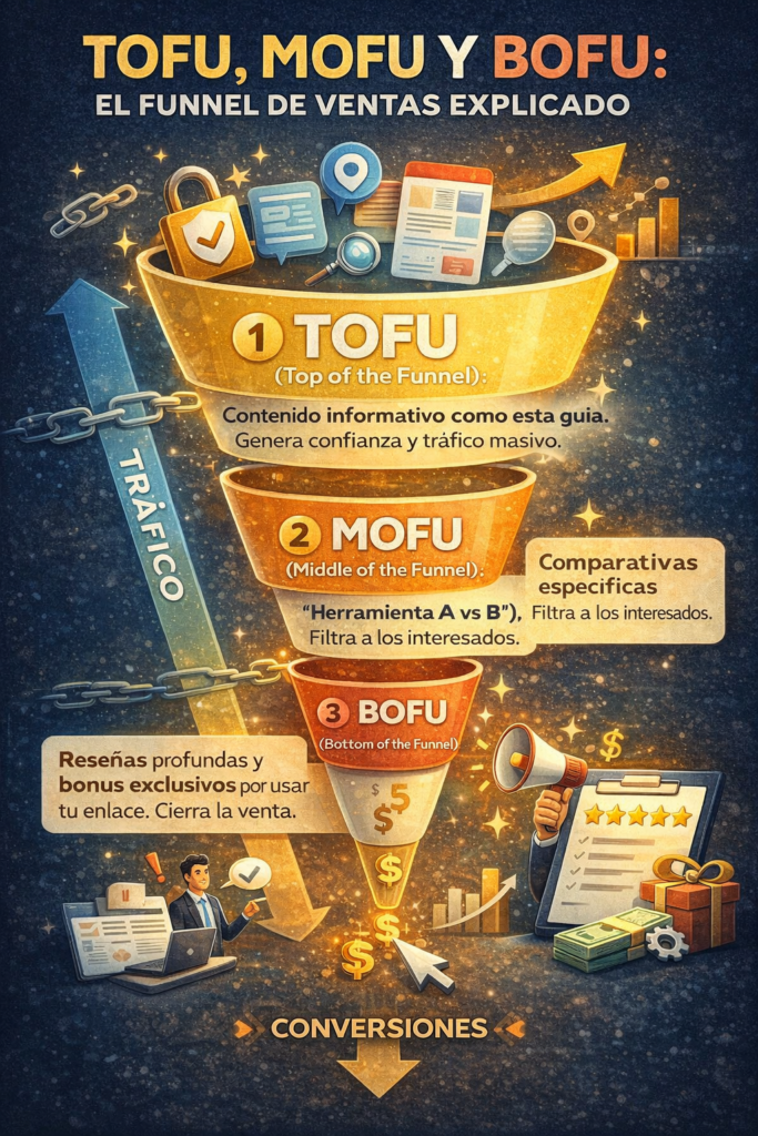Infografía visual que explica el funnel de ventas TOFU, MOFU y BOFU aplicado al marketing de afiliados, mostrando cómo el contenido informativo atrae tráfico, las comparativas filtran a los interesados y las reseñas profundas con incentivos convierten visitantes en ventas.