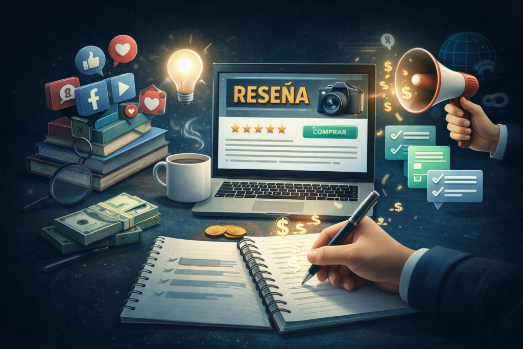 Ilustración conceptual sobre copywriting para afiliados que muestra el proceso de escribir reseñas persuasivas orientadas a la conversión, con elementos visuales de monetización, llamadas a la acción, pruebas sociales y estrategias de marketing de afiliación enfocadas en generar ventas.