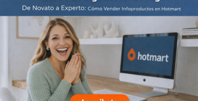 Curso de marketing digital para aprender cómo vender infoproductos en Hotmart, mujer celebrando resultados frente al ordenador