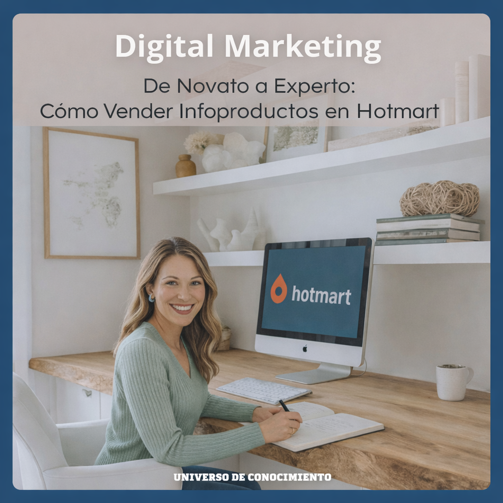 Curso de marketing digital para aprender cómo vender infoproductos en Hotmart desde cero, mujer trabajando desde casa con ordenador y estrategia online
