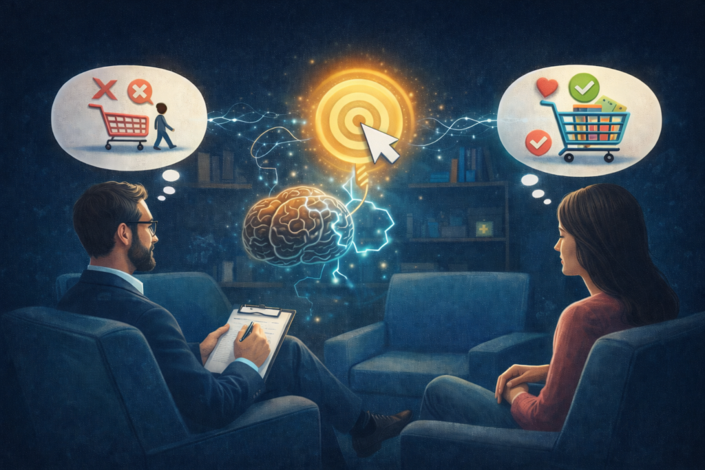 Ilustración metafórica sobre la psicología del clic que representa cómo el comportamiento del consumidor y los procesos mentales influyen en la decisión de compra, mostrando estímulos visuales, emociones, análisis racional y disparadores psicológicos que determinan si un lector compra o no.