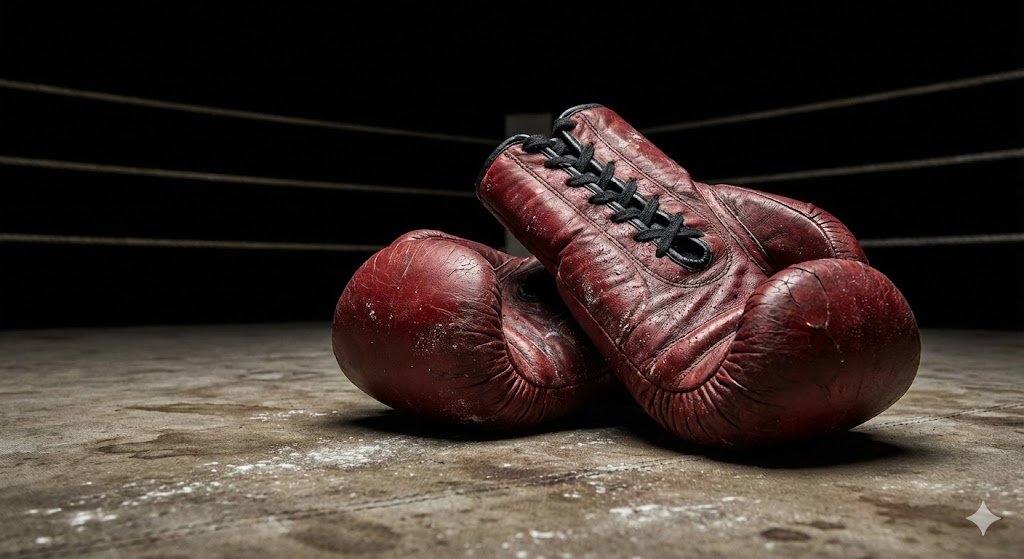 Fotografía hiperrealista de primer plano que muestra un par de guantes de boxeo de cuero rojo, antiguos y visiblemente desgastados por el uso, descansando sobre la lona sucia del suelo de un cuadrilátero con iluminación dramática y fondo oscuro.