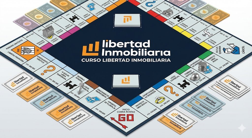 Vista cenital de un tablero de juego de mesa estilo Monopoly personalizado para la marca 'Libertad Inmobiliaria' y su 'Curso Libertad Inmobiliaria'. El tablero temático de educación financiera e inversión en bienes raíces presenta casillas con propiedades como 'Apartamento turístico', 'Reforma integral' y 'Local comercial', junto con billetes, tarjetas y fichas de jugador (casco, casa, monedas) con el logotipo de la empresa.