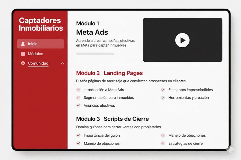 aptura del área de alumnos de Captadores Inmobiliarios mostrando el Módulo 1 de Meta Ads, el Módulo 2 de Landing Pages y el Módulo 3 de Scripts de Cierre con lecciones detalladas.