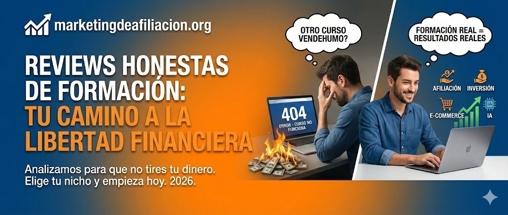 Banner de cabecera de Marketingdeafiliacion.org con fondo corporativo azul y naranja, comparando gráficamente el fracaso de comprar "cursos vendehumo" (hombre perdiendo dinero) frente al éxito de elegir "formación real" (hombre con resultados en afiliación, inversión, ecommerce e IA) para lograr la libertad financiera en 2026.