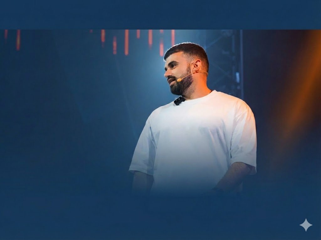 Fotografía del experto Fabio Serna con micrófono en un escenario durante una ponencia sobre negocios digitales. La iluminación de fondo utiliza los colores azul oscuro y naranja característicos de la identidad visual de marketingdeafiliacion.org.