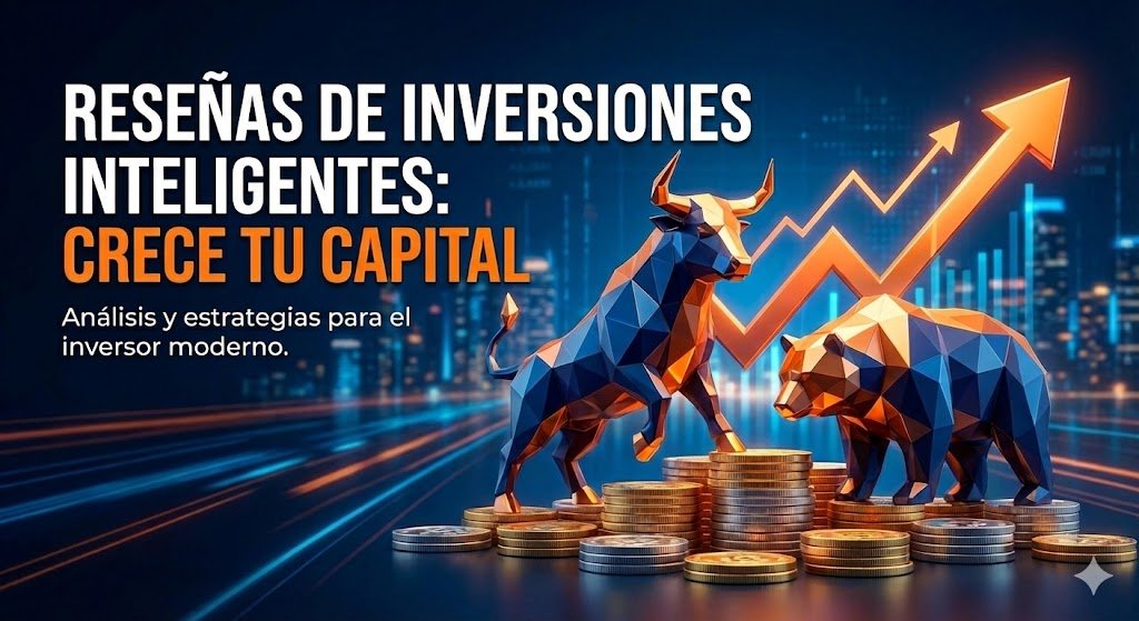 Banner de cabecera para la categoría de Finanzas con la estética corporativa azul y naranja de marketingdeafiliacion.org. Ilustración digital de un toro (mercado alcista) y un oso (mercado bajista) geométricos sobre una pila de monedas, respaldados por una flecha gráfica de crecimiento ascendente. Incluye el texto titular blanco y naranja: "RESEÑAS DE INVERSIONES INTELIGENTES: CRECE TU CAPITAL" y el subtítulo: "Análisis y estrategias para el inversor moderno.".