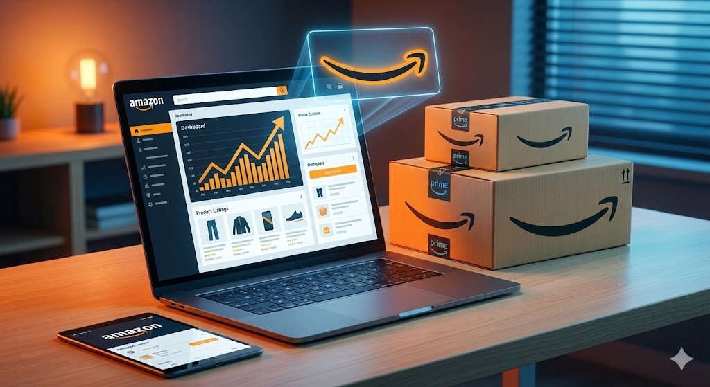 Fotografía de un escritorio de trabajo optimizado para un vendedor de Amazon FBA. En el portátil se muestra el dashboard de Amazon Seller Central con gráficos de ventas ascendentes y listados de productos. Una tablet muestra la app de vendedor y hay varias cajas de envío con el logo de Amazon Prime y la flecha naranja apiladas, ilustrando la logística de un negocio de e-commerce exitoso tras una formación.