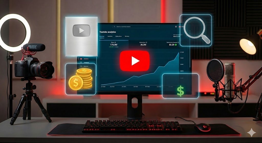 Fotografía de un setup de grabación profesional para creadores de contenido en YouTube, equipado con cámaras DSLR, iluminación de anillo y micrófonos de estudio. El monitor central muestra un panel de analítica de YouTube con una gráfica de crecimiento pronunciado. Iconos holográficos flotantes de una placa de plata de 100k suscriptores, monedas de oro, una lupa y el símbolo de dólar ilustran las metas de monetización y éxito del canal que se abordan en los cursos de esta categoría.