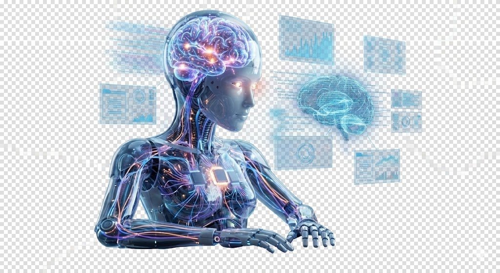 Representación conceptual de una inteligencia artificial avanzada, mostrando el busto de un robot humanoide transparente con un cerebro de red neuronal brillante y conexiones de fibra óptica. El robot analiza proyecciones holográficas de datos complejos, gráficos y algoritmos, ilustrando el nivel técnico y de procesamiento que se aborda en las reseñas de cursos de IA de esta categoría. Fondo transparente.