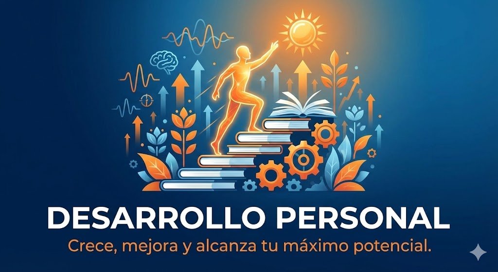 Banner de cabecera para la categoría de Desarrollo Personal, diseñado con los colores corporativos azul oscuro y naranja vibrante del blog. Una ilustración central muestra una figura humana luminosa ascendiendo por una escalera construida con libros abiertos y engranajes hacia un sol radiante, simbolizando el proceso de crecimiento a través de la formación. Incluye el texto titular grande: "DESARROLLO PERSONAL" y la frase motivacional debajo: "Crece, mejora y alcanza tu máximo potencial."